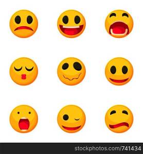 Emoticons icons set. Cartoon set of 9 emoticons vector icons for web isolated on white background. Emoticons icons set, cartoon style