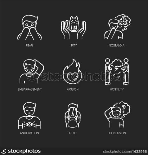 Emotion chalk white icons set on black background. Fear from phobia. Human feelings. Psychological treatment. Mental state. Positive attitude. Panic attack. Isolated vector chalkboard illustrations. Emotion chalk white icons set on black background