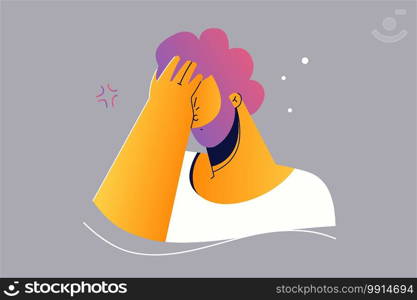 Emotion, face, expression, frustration, despair, stupidity, remember concept. Young unhappy sad man guy character standng with hand on head for mistake or remembering error. Forgetting or bad memory.. Emotion, face, expression, frustration, despair, stupidity, remember concept