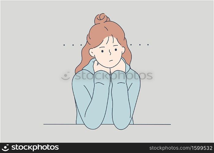 Emotion, face, expression, mental stress, depression, boredom, frustration, fatigue concept. Young unhappy sad frustrated depressed woman girl teenager thinking looking tired or bored because problems. Emotion, face, expression, mental stress, depression, boredom, frustration, fatigue concept.