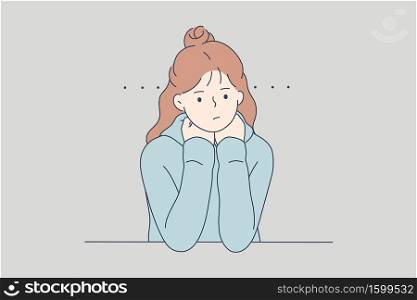 Emotion, face, expression, mental stress, depression, boredom, frustration, fatigue concept. Young unhappy sad frustrated depressed woman girl teenager thinking looking tired or bored because problems. Emotion, face, expression, mental stress, depression, boredom, frustration, fatigue concept.