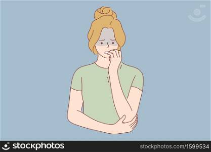 Emotion, face, expression, problem, mental stress, worry, depression, anxiety concept. Young anxious worried woman girl teenager charater looking stressed and nervous with hands on mouth biting nails.. Emotion, face, expression, problem, mental stress, worry, depression, anxiety concept.