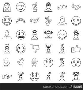Emotion icons set. Outline style of 36 emotion vector icons for web isolated on white background. Emotion icons set, outline style