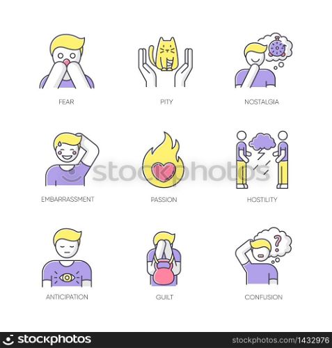 Emotion RGB color icons set. Fear from phobia. Human feelings. Psychological treatment. Mental state. Positive attitude. Negative behaviour. Panic attack. Isolated vector illustrations. Emotion RGB color icons set