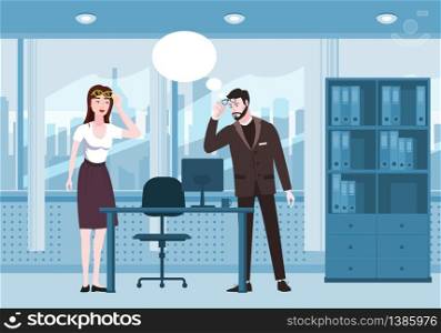 Emotion woman and beraded man surprised raises glasses shocked expression. Emotion woman and beraded man surprised raises glasses shocked expression looks at screen notebook, office table chair interior. Vector illustration isolated cartoon style