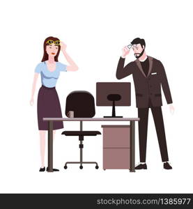Emotion woman and beraded man surprised raises glasses shocked expression. Emotion woman and beraded man surprised raises glasses shocked expression looks at screen notebook, office table chair. Vector illustration isolated cartoon style