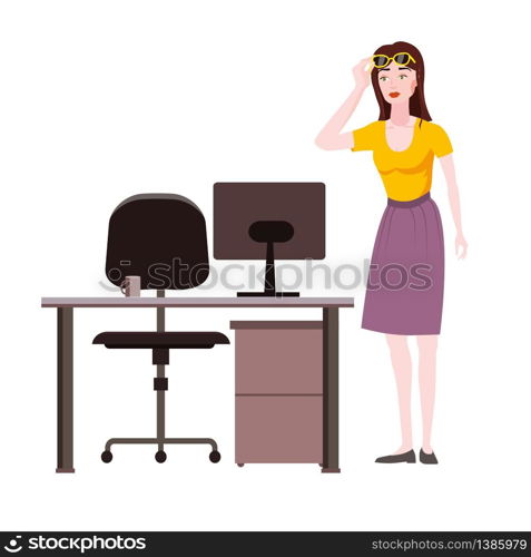 Emotion woman surprised raises glasses shocked expression. Emotion woman surprised raises glasses shocked expression looks at screen notebook, office table chair. Vector illustration isolated cartoon style