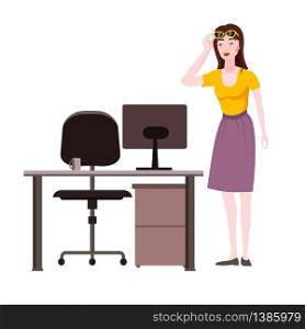 Emotion woman surprised raises glasses shocked expression. Emotion woman surprised raises glasses shocked expression looks at screen notebook, office table chair. Vector illustration isolated cartoon style