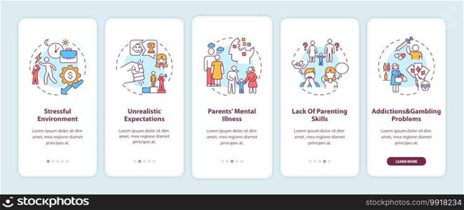 Emotional abuse from parents onboarding mobile app page screen with concepts. Child safety walkthrough 5 steps graphic instructions. UI vector template with RGB color illustrations. Emotional abuse from parents onboarding mobile app page screen with concepts