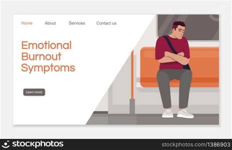 Emotional burnout symptoms landing page vector template. Psychological help website interface idea with flat illustrations. Employee support homepage layout. Mental health cartoon web banner, webpage. Emotional burnout symptoms landing page vector template