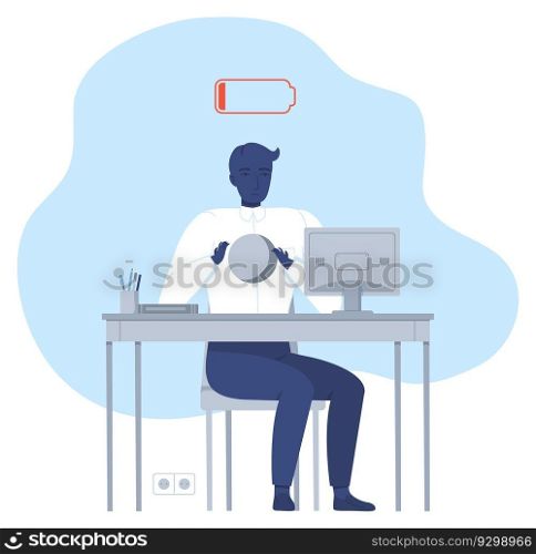 emotional burnout syndrome. Man with no energy works at a computer. Office worker exhaustion. Mental health concept.. emotional burnout syndrome. Man with no energy works at a computer. Office worker exhaustion. Mental health concept