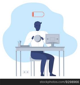 emotional burnout syndrome. Man with no energy works at a computer. Office worker exhaustion. Mental health concept.. emotional burnout syndrome. Man with no energy works at a computer. Office worker exhaustion. Mental health concept