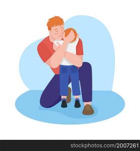 Emotional connection with toddler 2D vector isolated illustration. Father hugging little boy flat characters on cartoon background. Spending time with kid. Dad-son bonding colourful scene. Emotional connection with toddler 2D vector isolated illustration