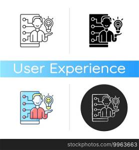 Emotional design icon. Positive user experience and satisfaction. Software development. Application architecture. Responsive program. Linear black and RGB color styles. Isolated vector illustrations. Emotional design icon