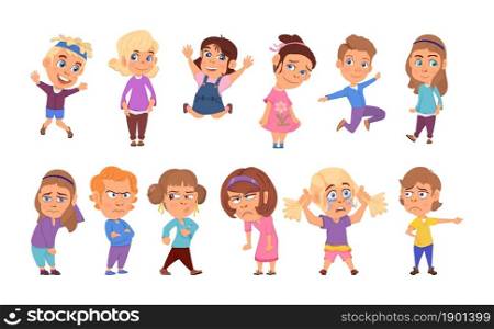 Emotional kids. Cartoon children, teenager laughing and sad. Happy emotion on face, smile or cry boy and girl, little kid decent vector characters. Illustration kid sad and cry, fear and surprise. Emotional kids. Cartoon children, teenager laughing and sad. Happy emotion on face, smile or cry boy and girl, little kid decent vector characters