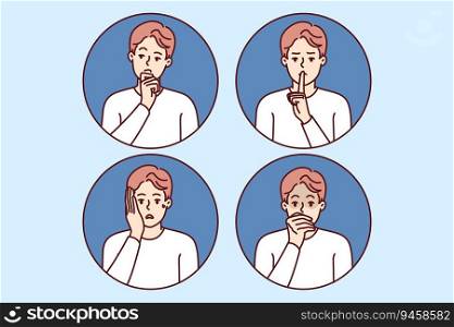 Emotional man with different moods shows thoughtful or frightened grimace and calls for silence. Emotional expressive guy feels fear and horror and says shh putting finger to mouth.. Emotional man with different moods shows thoughtful or frightened grimace and calls for silence