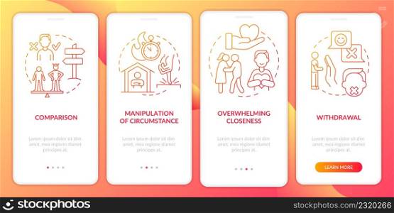 Emotional manipulation red flags gradient onboarding mobile app screen. Walkthrough 4 steps graphic instructions pages with linear concepts. UI, UX, GUI template. Myriad Pro-Bold, Regular fonts used. Emotional manipulation red flags gradient onboarding mobile app screen