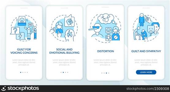 Emotional manipulation tactics blue onboarding mobile app screen. Walkthrough 4 steps graphic instructions pages with linear concepts. UI, UX, GUI template. Myriad Pro-Bold, Regular fonts used. Emotional manipulation tactics blue onboarding mobile app screen