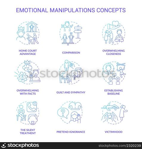 Emotional manipulations blue gradient concept icons set. Silent treatment idea thin line color illustrations. Guilt and sympathy. Isolated symbols. Roboto-Medium, Myriad Pro-Bold fonts used. Emotional manipulations blue gradient concept icons set