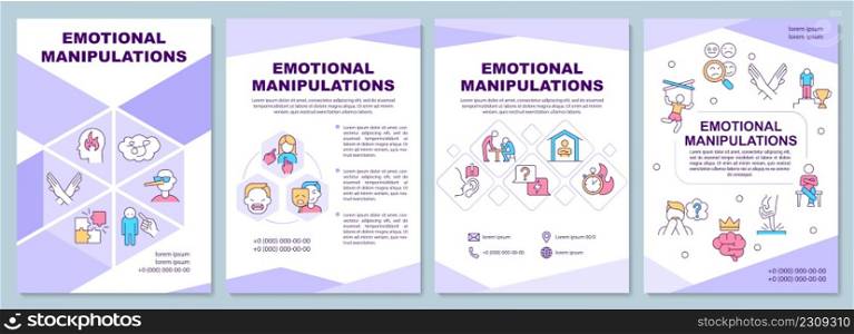 Emotional manipulations purple brochure template. Abusive behavior. Leaflet design with linear icons. 4 vector layouts for presentation, annual reports. Arial-Black, Myriad Pro-Regular fonts used. Emotional manipulations purple brochure template