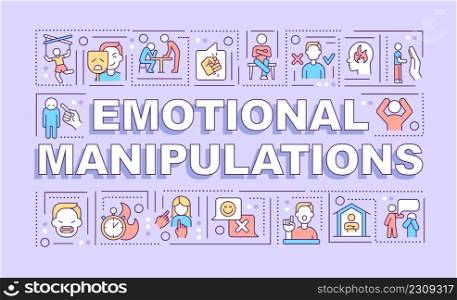 Emotional manipulations word concepts purple banner. Mental distortion. Infographics with icons on color background. Isolated typography. Vector illustration with text. Arial-Black font used. Emotional manipulations word concepts purple banner