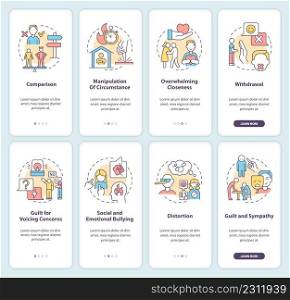 Emotional manipulators behavior onboarding mobile app screen set. Walkthrough 4 steps graphic instructions pages with linear concepts. UI, UX, GUI template. Myriad Pro-Bold, Regular fonts used. Emotional manipulators behavior onboarding mobile app screen set