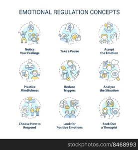 Emotional regulation concept icons set. Practical skills. Control and manage feelings idea thin line color illustrations. Isolated symbols. Editable stroke. Roboto-Medium, Myriad Pro-Bold fonts used. Emotional regulation concept icons set