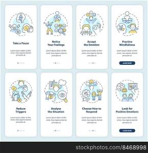 Emotional regulation onboarding mobile app screen set. Walkthrough 4 steps editable graphic instructions with linear concepts. UI, UX, GUI template. Myriad Pro-Bold, Regular fonts used. Emotional regulation onboarding mobile app screen set