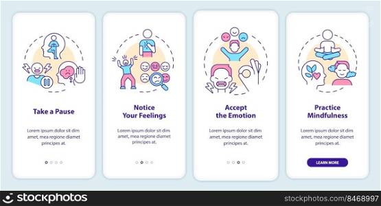 Emotional regulation skills onboarding mobile app screen. Walkthrough 4 steps editable graphic instructions with linear concepts. UI, UX, GUI template. Myriad Pro-Bold, Regular fonts used. Emotional regulation skills onboarding mobile app screen