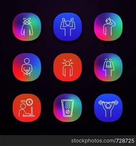 Emotional stress app icons set. Dizziness, anger, cold sweat, indigestion, nervous tension, panic attack, work rush, drug, sport exercise. UI/UX user interface. Vector isolated illustrations. Emotional stress app icons set