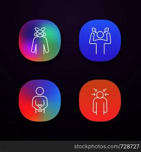 Emotional stress app icons set. Dizziness, anger, indigestion, nervous tension. UI/UX user interface. Web or mobile applications. Vector isolated illustrations. Emotional stress app icons set