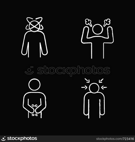 Emotional stress chalk icons set. Dizziness, anger, indigestion, nervous tension. Isolated vector chalkboard illustrations. Emotional stress chalk icons set