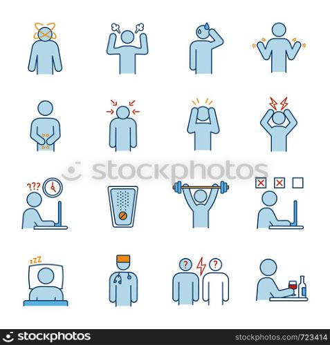 Emotional stress color icons set. Chronic depression. Exhaustion and fatigue. Anxiety, frustration. Psychological problem. Isolated vector illustrations. Emotional stress color icons set