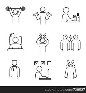 Emotional stress linear icons set. Sport exercise, hands tremor, dizziness, sleep, headache, conflict, alcoholism, making mistake, doctor. Isolated vector outline illustrations. Editable stroke. Emotional stress linear icons set