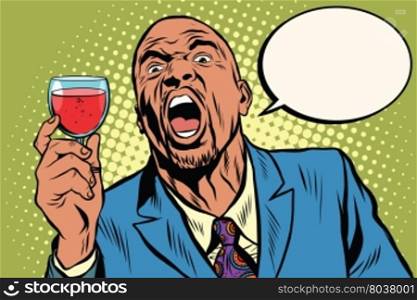Emotional strong black man toast wine holiday, an African American businessman pop art retro vector