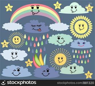 Emotional sun and clouds, stars, rainbow on dark background. Cute weather forecast. set.