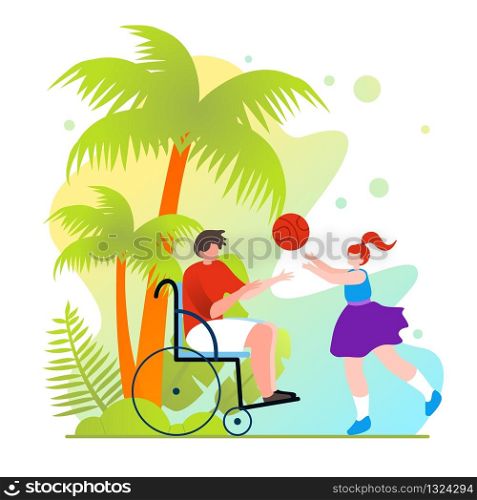 Emotional Support for Wheelchair Users Cartoon. Active Girl Playing Ball with Man Confined to Wheelchair. Entertainment and Leisure for Disabled. Tropical Climate and Nature During Rehabilitation.