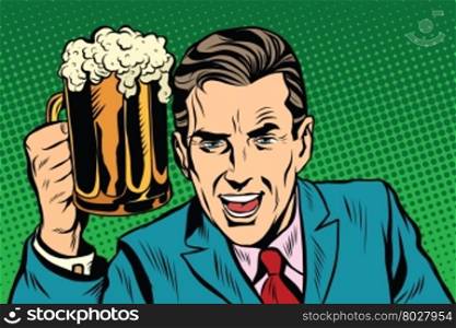 Emotional vintage man with beer pop art retro vector. Fan in bar. Emotional vintage man with beer