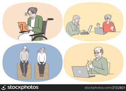 Emotions and lifestyle of grandparents concept. Set of mature people grandparents looking at photo feeling unhappy learning online chat and laptop having trouble in communication vector illustration. Emotions and lifestyle of grandparents concept