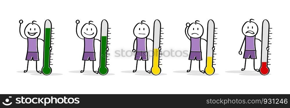 Emotions and mood. A set of cartoon characters with a thermometer. Flat design.