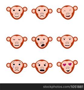 Emotions faces monkeys nine set icons. Vector illustration. Emotions faces monkeys nine set icons