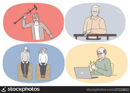 Emotions of elderly people pensioners concept. Set of mature people grandparents feeling furious waving with club smiling having misunderstanding in couple and learning laptop vector illustration. Emotions of elderly people pensioners concept