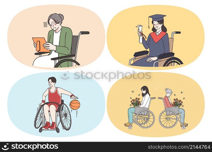 Emotions of wheelchair people concept. Set of young and elderly wheelchair people graduating from university playing basketball buying flowers feeling sad looking at photo vector illustration. Emotions of wheelchair people concept