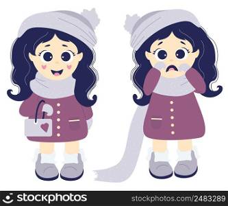 Emotions. Two girls - Joyful and sad crying. Little kids in winter clothes - a hat, a scarf, a coat and boots on a white background. Vector. Flat design. Childrens collection. Concept