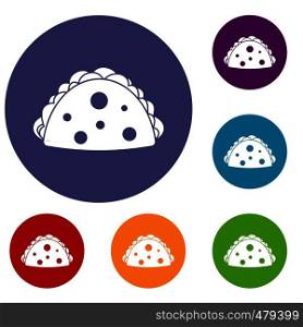 Empanada, cheburek or calzone icons set in flat circle red, blue and green color for web. Empanada, cheburek or calzone icons set