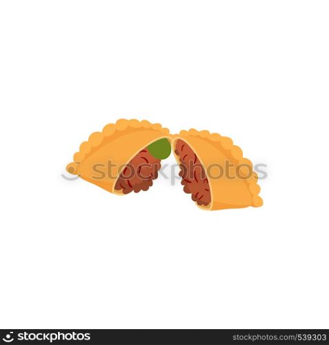 Empanada, meat pie icon in cartoon style on a white background. Empanada, meat pie icon, cartoon style