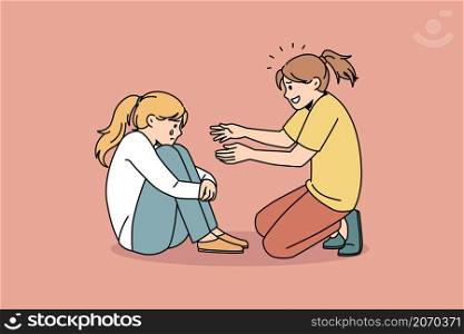 Empathy and support friend concept. Smiling small girl sitting trying to comfort her crying sad depressed friend sitting embracing heels vector illustration . Empathy and support friend concept