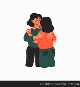 Empathy. Empathy and Compassion concept - young woman hugging a sad woman. Helping hand or psychological care, sisterhood. Vector illustration in flat cartoon style on white background.. Empathy. Empathy and Compassion concept - young woman hugging a sad woman.
