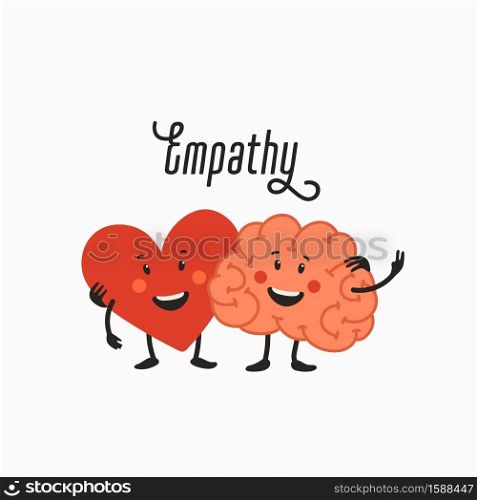 Empathy. Heart and brain teamwork - balance between emotions and rationality. Helping hand or psychological care. Vector illustration in flat cartoon style on white background.. Empathy. Heart and brain teamwork