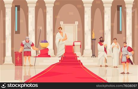 Emperor and his throne in ancient rome castle cartoon vector illustration